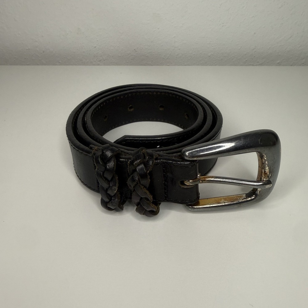 LL BEAN Vintage 1991 Western Black 28" Leather Belt w/Metal Buckle Women's G717